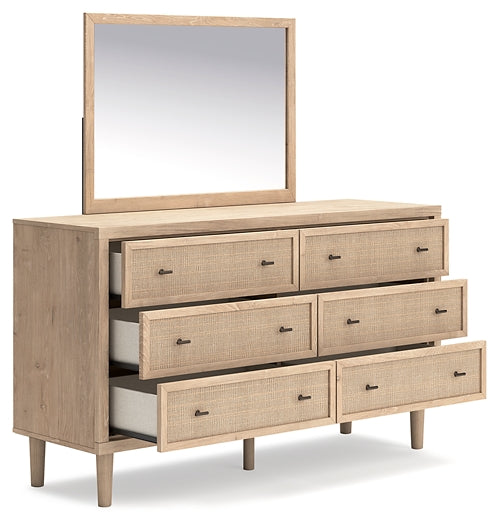 Cielden Full Upholstered Panel Bed with Mirrored Dresser and Nightstand