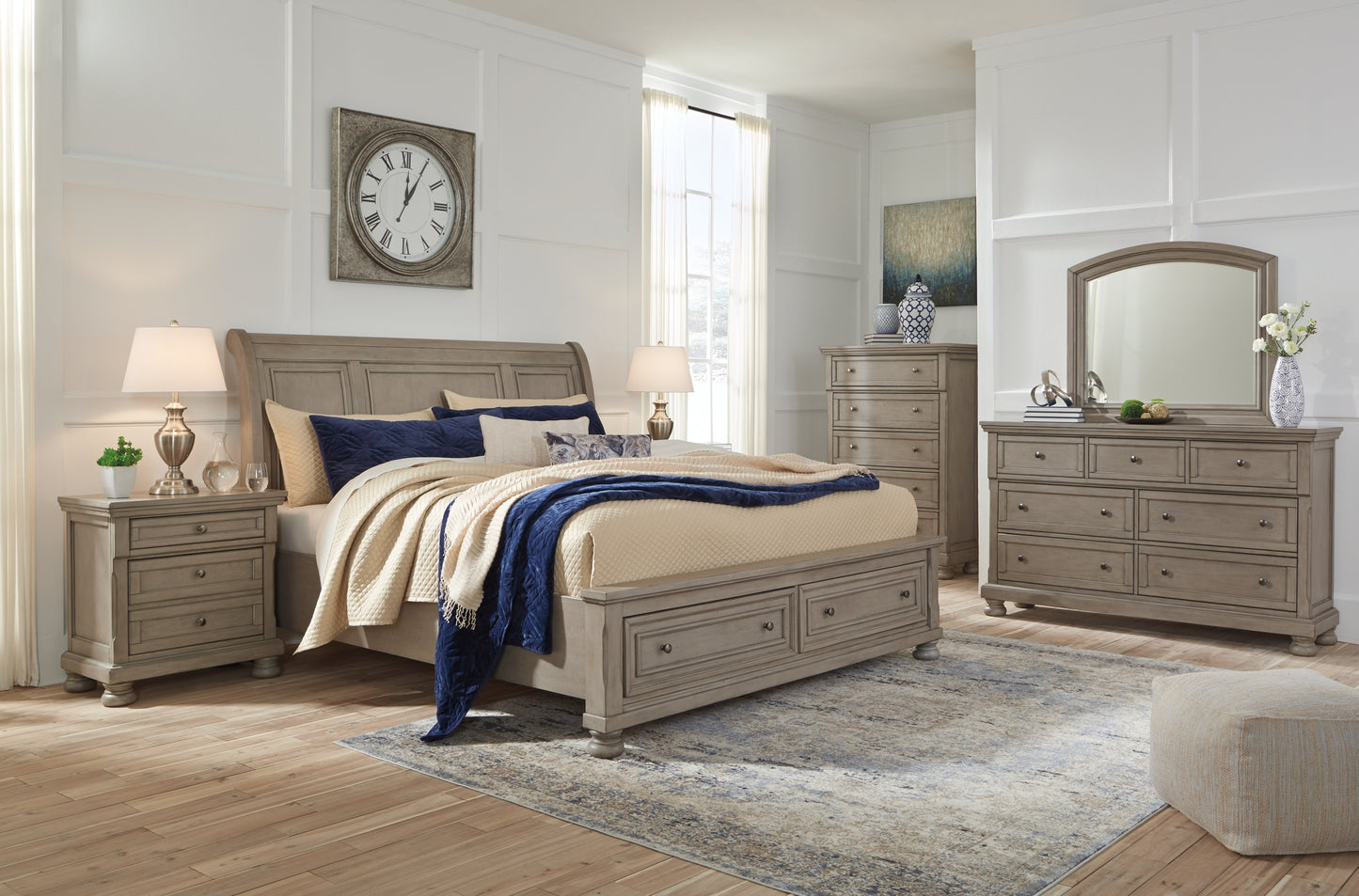 Lettner King Sleigh Bed with 2 Storage Drawers with Mirrored Dresser and Chest