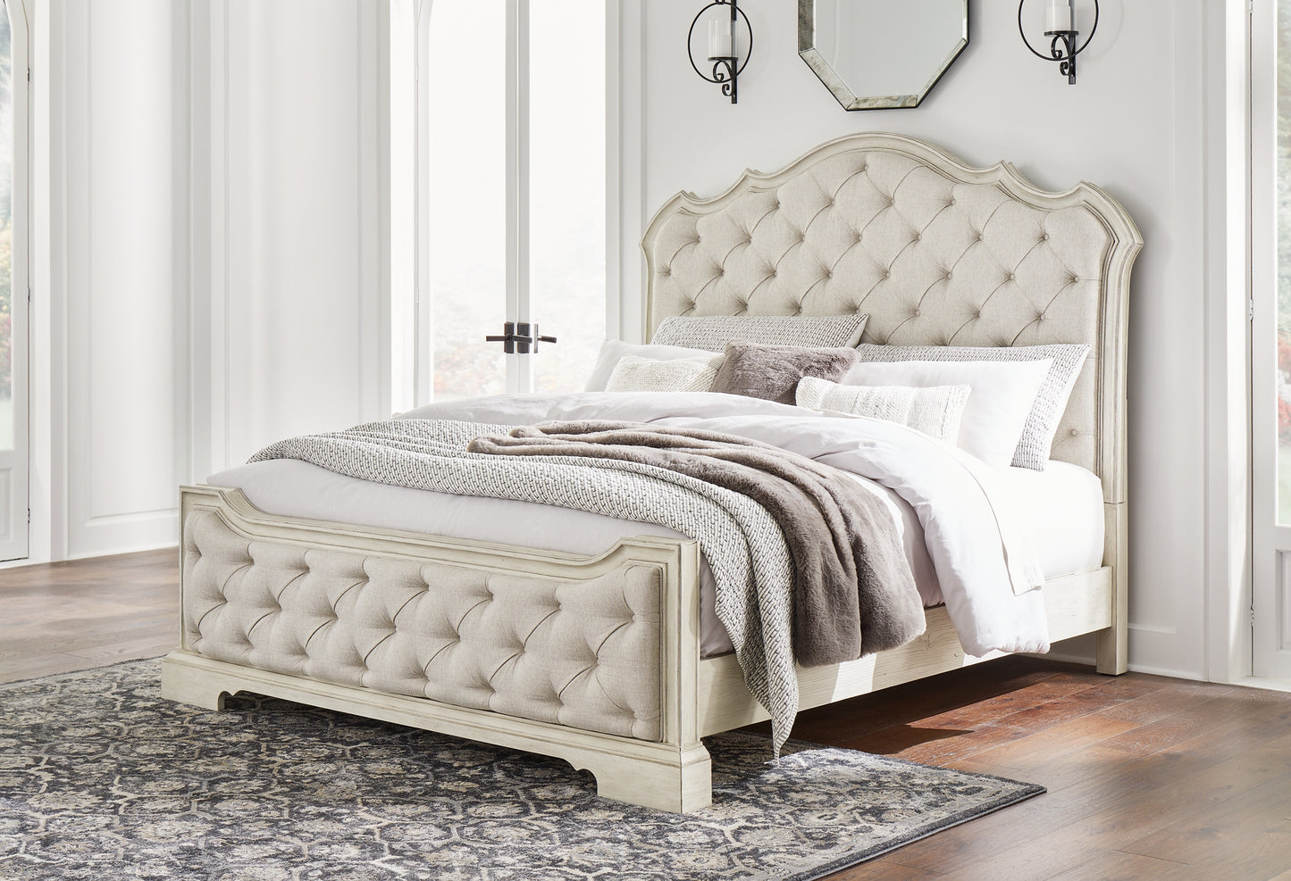 Arlendyne California King Upholstered Bed with Mirrored Dresser and 2 Nightstands